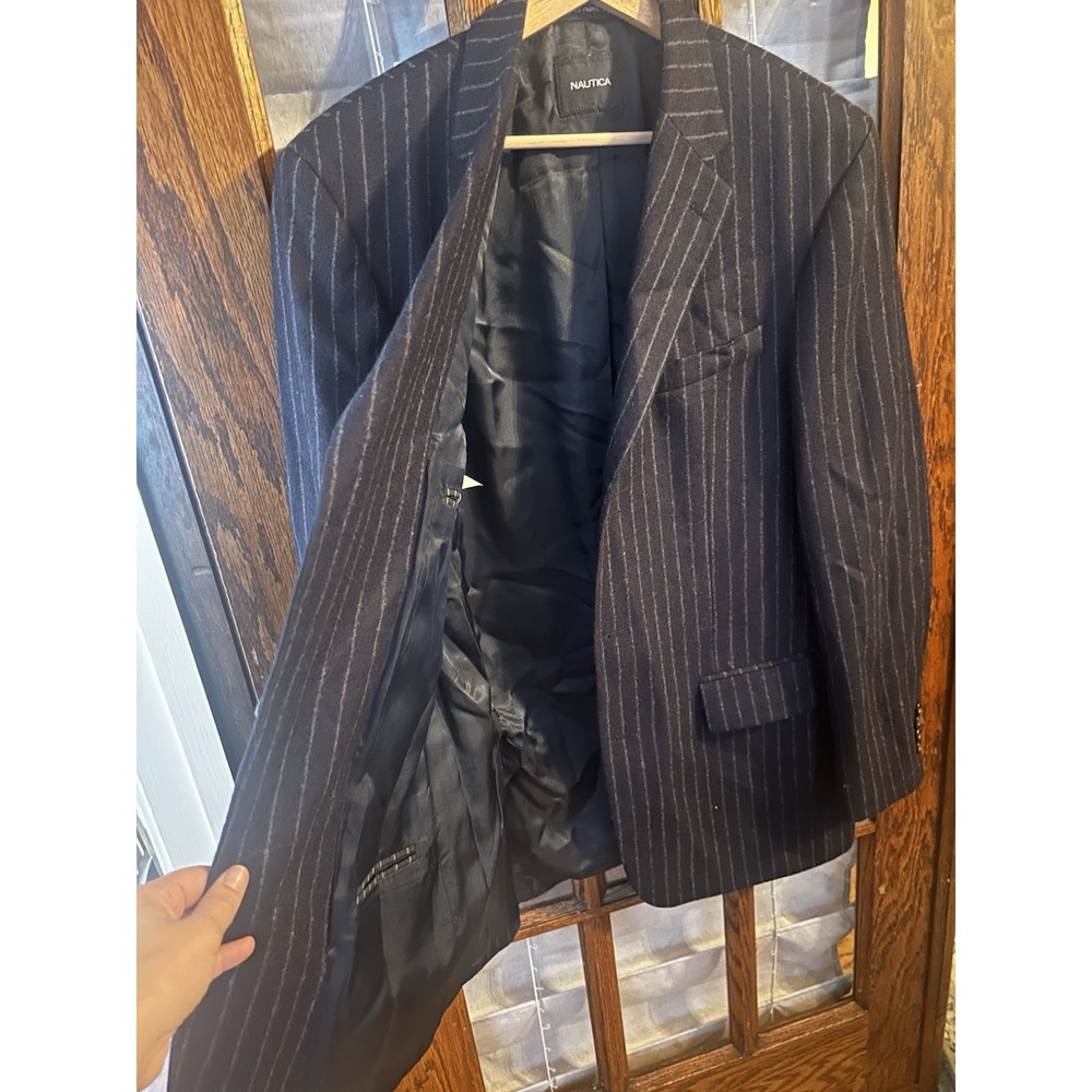 NAUTICA Men's Sz 40L Navy Pin Stripe 100% Wool Sport Coat Jacket Double Vented - Picture 7 of 11